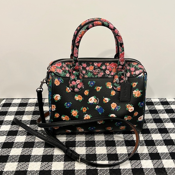 Coach Handbags - Coach Mini Bennett Black Satchel In Floral Mix Pattern Crossbody Silver Hardware